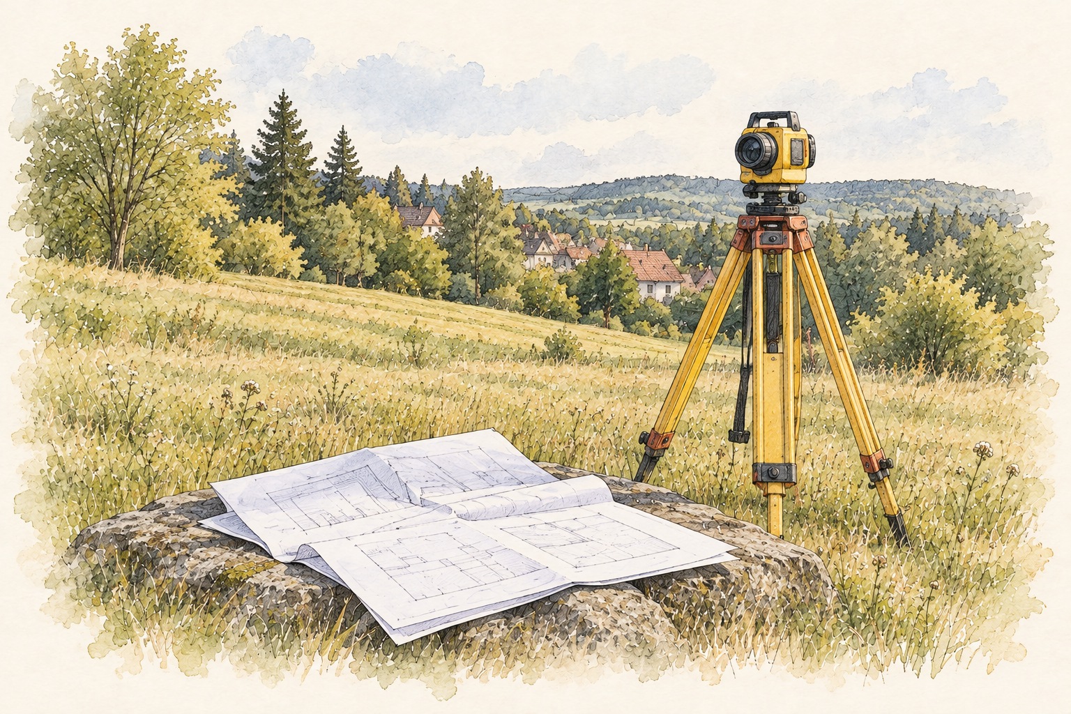Skica geodetického přístroje na stativu a&nbsp;plánků na pozemku.