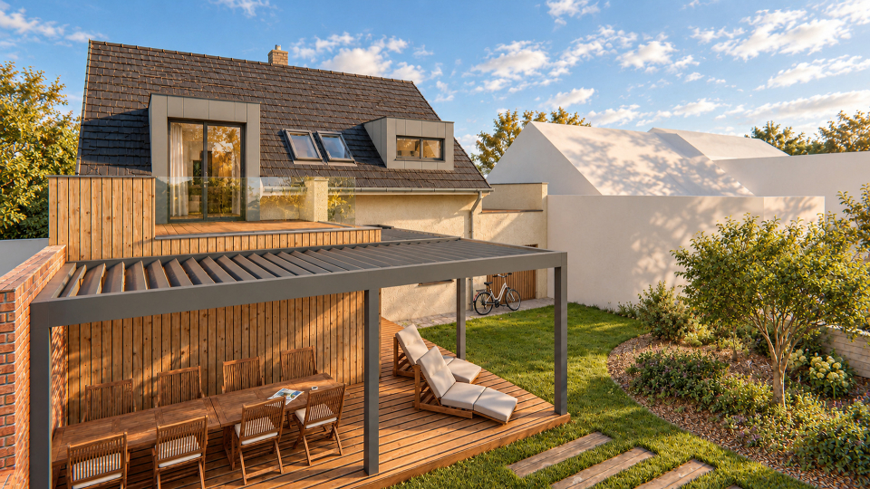 Dřevěná pergola a horní terasa chalupy ve dvoře.