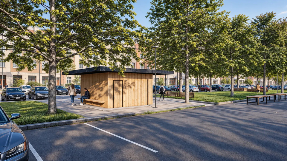 Zadní dřevěná fasáda modulového objektu s integrovanou lavičkou