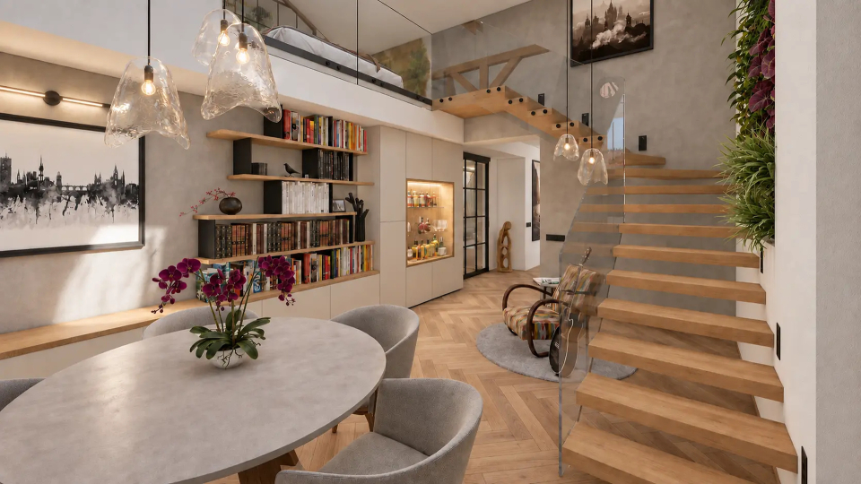 Jídelna pod galerií s dřevěným schodištěm, knihovnou a živou stěnou.
