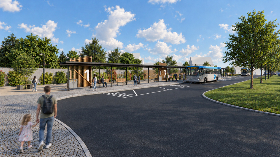 Autobusový terminál Kunštát s dřevěným přístřeškem a asfaltovou vozovkou pod běžnou oblohou.