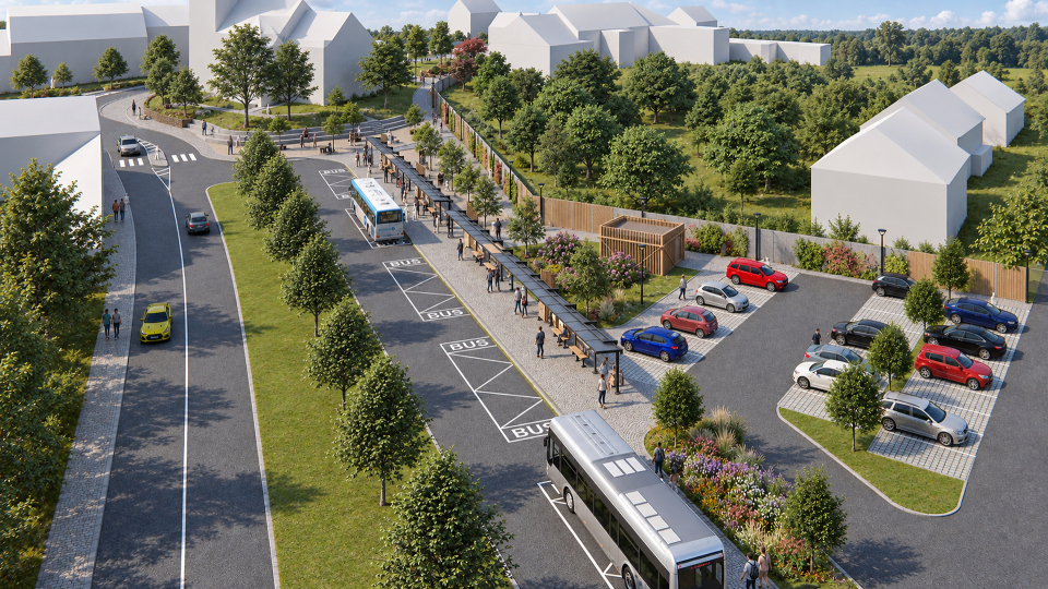 Podélný pohled shora na autobusová stání, přístřešek a navazující parkování.