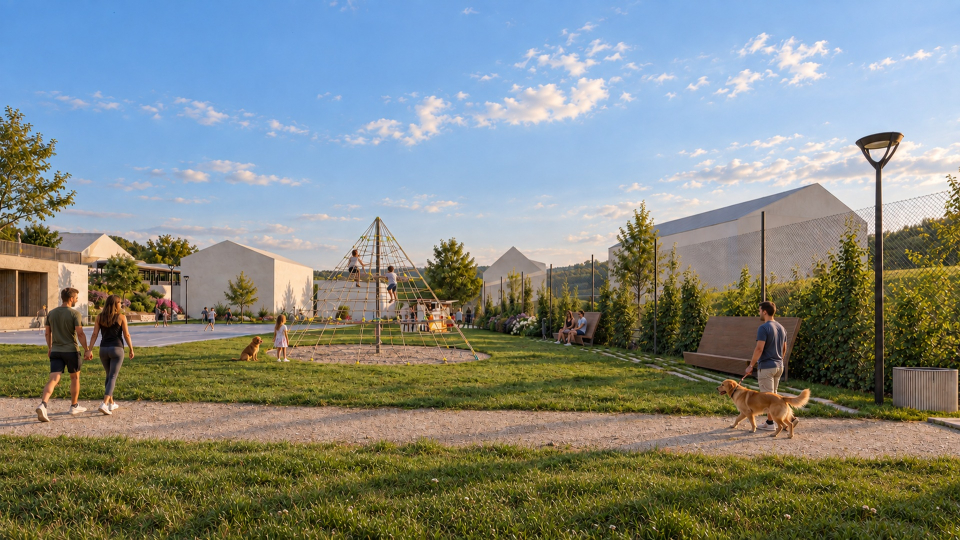 široký pohled na rekreační louku a&nbsp;lanovou pyramidu