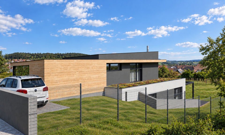Pohled od horní části pozemku na dům s rozchodníkovou střechou nad spodním podlažím.