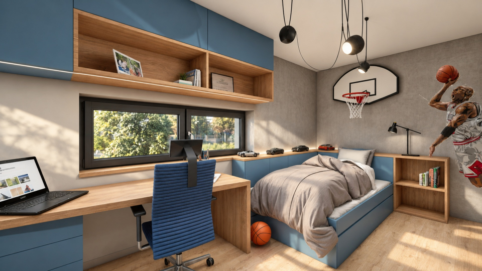 Pracovní stůl pod oknem a modrá postel s basketbalovými motivy na stěně.